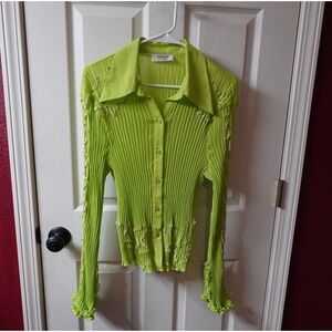 Vintage Y2K Dress-U by Sharon Lime Green Neon Pleated Button Up Blouse XL